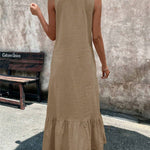 A-Line Loose Pleated Ruffle Trim Solid Color V-Neck Maxi Dresses