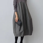 Long Sleeves Loose Split-Joint Round-Neck Midi Dresses