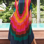 Batwing Sleeves Loose Contrast Color Printed Sun Protection Round-Neck Maxi Dresses