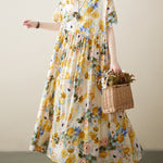 A-Line Loose Floral Printed Round-Neck Midi Dresses