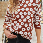 Mock Neck Floral Print Knitted Sweater Color Block Light Weight Sweater