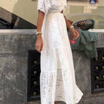 Openwork Embroidered V-Neck Knot-Detail Waist-Defining Maxi Dress