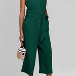 Buttoned Sleeveless Cropped Jumpsuit With Sash