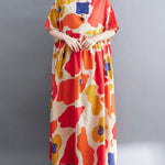 Artistic Retro Short Sleeves Loose Contrast Color Printed Round-Neck Midi Dresses