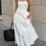 Loose Sleeveless Pleated Solid Color Split-Joint Spaghetti-Neck Midi Dresses