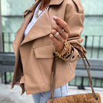 Stylish Leather Lapel Pocket British Style Cropped Jacket
