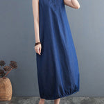 A-Line Loose Buttoned Pleated Solid Color Round-Neck Midi Dresses