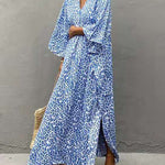 Batwing Sleeves Loose Leopard Split-Side Sun Protection V-Neck Cover-Ups Swimwear Maxi Dresses