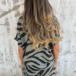 Zebra Print V-neck Short-sleeved Lace-up Top and Elastic Waist Pocket Straight-leg Pants Set