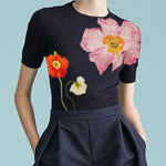 Short Sleeves Skinny Floral Printed Split-Joint Round-Neck T-Shirts