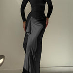 Bodycon High Waisted Asymmetric Pleated Ruffled Solid Color Split-Joint Round-Neck Maxi Dresses