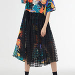 A-Line Loose Buttoned Hollow Mesh Printed Split-Joint Lapel Midi Dresses