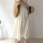 A-Line Loose Buttoned Pleated Ruffled Solid Color Split-Joint Tiered Stand Collar Midi Dresses