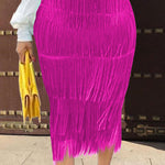 SOLID COLOR HIGH WAIST ELASTIC WAIST PLEAT FRINGED SKIRT