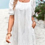 Loose Puff Sleeves Jacquard Solid Color Square-Neck Mini Dresses