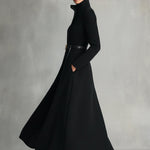 Women's Black Elegant Wool - Blend Turtleneck Belted Maxi Coat