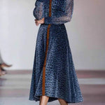 Vintage Blue Leopard Print Shirt Collar See-Through Long Sleeve Dress