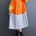 Loose Puff Sleeves Contrast Color Pleated Split-Joint Lapel Midi Dresses Shirt Dress