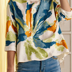 Half Sleeves Loose Buttoned Contrast Color Flower Print Round-neck T-Shirts Tops