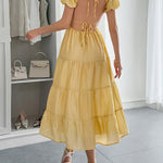 A-Line Loose Backless Pleated Solid Color Tied V-Neck Midi Dresses
