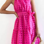 Loose Sleeveless Plaid Ribbed Stand Collar Maxi Dresses