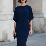 Elegant Navy Blue Batwing Sleeve Midi Sheath Dress
