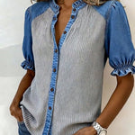 Women'S Casual Color-Block Denim Patchwork Top
