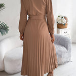 High Waisted Long Sleeves Belted Buttoned Pleated Solid Color V-Neck Maxi Dresses