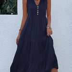 Loose Sleeveless Pleated Split-Joint V-Neck Midi Dresses