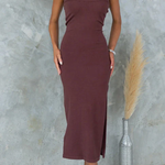Strapless Tube Slit Ribbed Knit Midi Dress