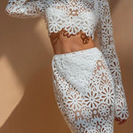 Balmy Summers Crochet Lace Floral Pattern Long Sleeve Crop Vacation Top