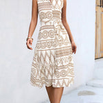 Sleeveless Buttoned Printed Tied Waist Lapel Collar Midi Dresses