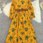 A-Line Elasticated Waist Belted Buttoned Contrast Color Flower Print Pleated Split-Joint Lapel Maxi Dresses Shirt Dress