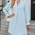 A-Line Long Sleeves Ruffled Solid Color V-Neck Mini Dresses