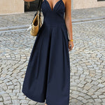 A-Line High Waisted Backless Pleated Solid Color Split-Joint Spaghetti-Neck Midi Dresses