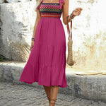 A-Line High Waisted Contrast Color Jacquard Pleated Split-Joint Adjustable Straps Midi Dresses