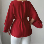 Batwing Sleeves Split-Joint Tied Waist Round-Neck Blouses&Shirts Tops