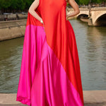 High Waisted Loose Asymmetric Contrast Color Split-Joint One-shoulder Maxi Dresses