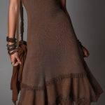 Bohemian Shiny Knitted Sleeveless Midi Dress With Lace Trim
