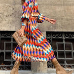 A-Line Long Sleeves Contrast Color Elasticity Pleated Stand Collar Midi Dresses