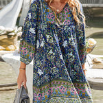 A-Line Loose Contrast Color Flower Print Pleated V-Neck Mini Dresses