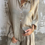Solid Color Casual Lapel Long Shirt and Elastic Waist Loose Pocket Shorts Set
