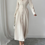 A-Line High Waisted Buttoned Pleated Solid Color Split-Joint Notched Collar Maxi Dresses Shirt Dress