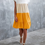 Loose Ruffle Sleeves Contrast Color Falbala Pleated Split-Joint Round-Neck Mini Dresses
