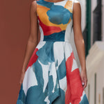 Abstract Watercolor Print Sleeveless High-Low Midi Dress