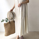A-Line Loose Buttoned Pleated Ruffled Solid Color Split-Joint Tiered Stand Collar Midi Dresses
