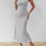 Bodycon Sleeveless Split-Joint Striped U-Neck Midi Dresses