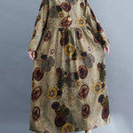 Artistic Retro Loose Long Sleeves Printed Round-Neck Maxi Dresses