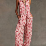 Retro Pink Heart Chiffon Sleeveless Wide-Leg Jumpsuit