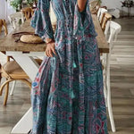 V-Neck Loose Peris Print Vacation Long Sleeve Maxi Dress